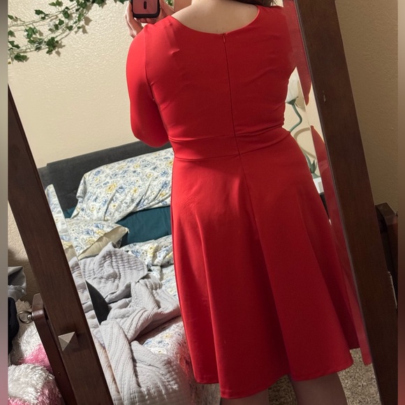 Red Fit and Flare Midi Dress with Wrapped Front V-Neck - Picture 3 of 5